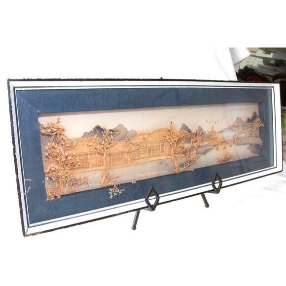 Rare Vgt Oversize Chinese Cork Carving Art Wall Hanging in Shadow Box Frame 25" - Picture 3 of 10